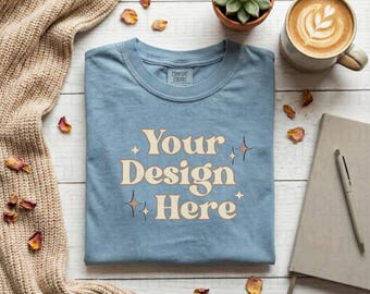 Comfort Colors Blue Jean Shirt Mockup CC1717 Mockups Minimalist Mockup Trendy Shirt Mockup Aesthetically Clean Mockups Cozy Flat Lay Mockup