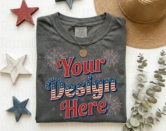 Maqueta de camiseta Pepper C1717 Comfort Colors del 4 de julio Maquetas CC 1717 Maquetas de moda Maqueta de camiseta con temática patriótica del 250.º desfile de diseño plano