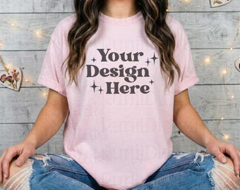 Valentines Day Blossom Comfort Colors C1717 Pink Shirt Mockup CC 1717 Tshirt Mockup Trendy Mockups Love Valentines Themed Model Shirt Mockup