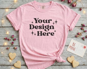 Valentines Day Blossom Comfort Colors C1717 Pink Shirt Mockup CC 1717 Tshirt Mockup Trendy Mockups Valentines Themed Flat Lay Shirt Mockup