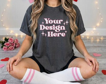 Valentines Day Pepper Comfort Colors C1717 Grey Shirt Mockup CC 1717 Tshirt Mockup Trendy Mockups Love Valentines Themed Model Shirt Mockup