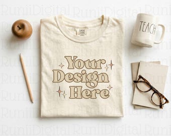 Comfort Colors Ivory Shirt Mockup CC1717 Mockups Minimalist Mockup Trendy Shirt Mockup Aesthetically Clean Mockups Boho Cozy Flat Lay Mockup