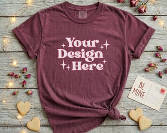 Valentines Day Brick Comfort Colors C1717 Red Shirt Mockup CC 1717 Tshirt Mockup Trendy Mockups Love Valentines Themed Flat Lay Shirt Mockup