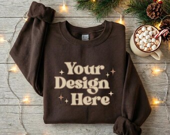 Christmas Gildan 18000 Dark Chocolate Sweatshirt Mockup Crewneck Mockup Flat Lay Mockups Gildan 18000 Brown Sweater Casual Holiday Aesthetic