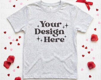 Valentines Day Kids Shirt Mockup Ash Bella Canvas 3001Y Shirt Mockup Trendy Mockups Cozy Valentines Themed Mockup Grey Youth T-Shirt Mockup