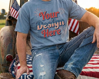 Maqueta de camisa de mezclilla azul Comfort Colors C1717 del 4 de julio Maqueta de camisa CC 1717 Maquetas de moda Maqueta de modelo de camisa con temática patriótica del 250.º desfile