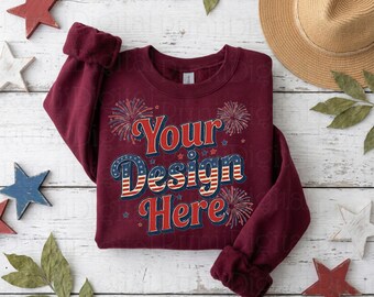 4th of July Gildan 18000 Maroon Sweatshirt Mockup Crewneck Mockup 250th Patriotic Themed Mockup Trendy Flat Lay Gildan 18000 Sweater Mockup