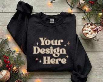 Christmas Gildan 18000 Black Sweatshirt Mockup Crewneck Mockup Flat Lay Mockups Gildan 18000 Black Sweater Casual Holiday Aesthetic Mocks