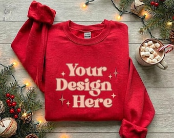 Christmas Gildan 18000 Red Sweatshirt Mockup Crewneck Mockup Flat Lay Mockups Gildan 18000 Red Sweater Casual Holiday Aesthetic Xmas Lights