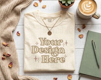 Comfort Colors Ivory Shirt Mockup CC1717 Mockups Minimalist Mockup Trendy Shirt Mockup Aesthetically Clean Mockups Boho Cozy Flat Lay Mockup