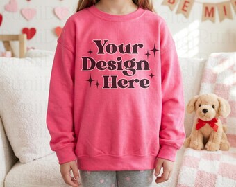 Kids Valentine's Day Pink Sweatshirt Mockup Safety Pink Gildan 18000B Sweatshirt Mockup V-day Crewneck Mockup Love Youth Sweatshirt Mockups