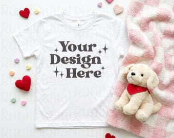 Valentines Day Kids Shirt Mockup White Bella Canvas 3001Y Shirt Mockup Trendy Mockups Cozy Valentines Themed Mockup Girly Youth Shirt Mockup