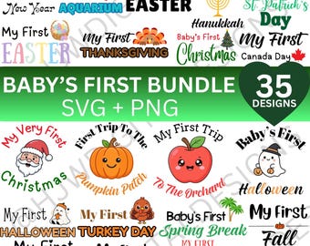 Puede incluir: Una colección digital de 35 diseños gráficos con la temática Baby's First en formatos SVG y PNG. Las ilustraciones basadas en texto presentan diversas festividades y hitos como Navidad, Halloween, Pascua, cumpleaños y eventos estacionales con iconos coloridos.