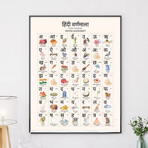 Tableau de l'alphabet hindi-anglais à l'aquarelle, affiche éducative (téléchargement numérique)