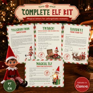 Könnte beinhalten: Ein komplettes Elfen-Set mit einer Plüsch-Elfenpuppe in rot-weißer Kleidung sowie vier gedruckten Dokumenten: einem Telegramm vom Weihnachtsmann, einem Willkommensbrief, einem Abschiedsbrief und einem offiziellen Elfen-Adoptionszertifikat.