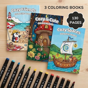 Könnte beinhalten: Drei Malbücher mit den Titeln "Cozy Friends", "Cozy & Cute" und "Cozy Spaces" werden zusammen mit einer Reihe von Markern gezeigt. Die Bücher zeigen farbenfrohe Illustrationen einer Strandlandschaft, eines Pilzhauses und eines Bootes. Der Text "130 PAGES" ist ebenfalls sichtbar.
