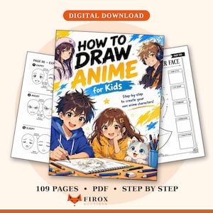 Peut inclure: Un guide de téléchargement numérique intitulé How to Draw Anime for Kids avec des instructions étape par étape, des illustrations de personnages et des pages d'exercices. La couverture montre deux enfants dessinant avec un chat.