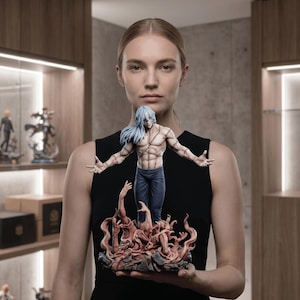 May include: A detailed anime-style figurine of a character with long light blue hair, a muscular torso covered in stitch marks, and dark blue pants. The figure stands atop a base featuring sculpted flesh-toned hands emerging from a dark rocky surface.