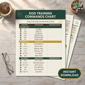 May include: A dog training commands chart printed on paper, featuring sections for foundation, intermediate, and advanced skills. The chart lists commands like Sit, Stay, and Heel with descriptions and columns for progress notes. It has a dark green header.