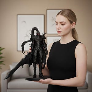 May include: A black knight figurine in detailed armour, holding a large sword. The knight's helmet has red accents and flowing hair. The figurine is mounted on a black base.