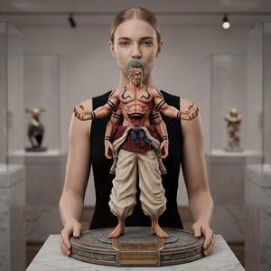 May include: A detailed statue of a muscular character with multiple arms and a split torso, wearing white pants and a red and white top. The statue is on a round base with text and is held by a person in a black top. Other statues are in glass cases in the background.