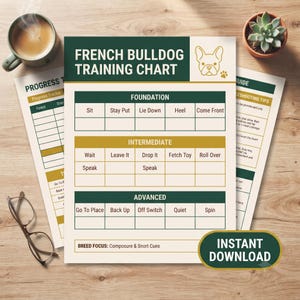 Puede incluir: Una tabla de entrenamiento para bulldog francés impresa en papel, con secciones para comandos básicos, intermedios y avanzados. El documento incluye un icono de perro, un rastreador de progreso y el texto INSTANT DOWNLOAD.