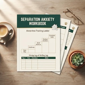 Puede incluir: Un libro de ejercicios sobre la ansiedad por separación con encabezado verde oscuro y páginas color crema. La portada presenta un diagrama de escalera de entrenamiento con pasos para Calm Stay, Exit/Enter, Brief Absence, Gradual Duration y Confident Calm.