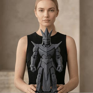 May include: A grey, geometric robot figurine with a crown-like headpiece and angular design. The figurine is held in front of a person. The robot has a detailed, armoured appearance, with articulated limbs and a stylised face.