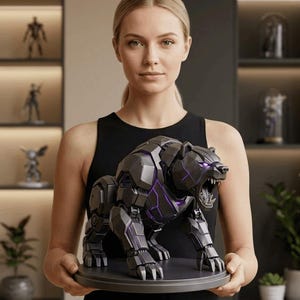 May include: A detailed, dark grey robotic bear sculpture with purple accents, mounted on a round, dark grey base. The bear is snarling, with its mouth open. The sculpture is held by a person wearing a black top.
