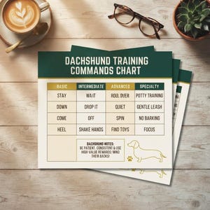 Peut inclure: Un tableau de commandes de dressage pour teckel imprimé sur papier avec un en-tête vert foncé et un fond crème. La grille liste des commandes de base, intermédiaires, avancées et spéciales, incluant une note sur la patience et le dos.