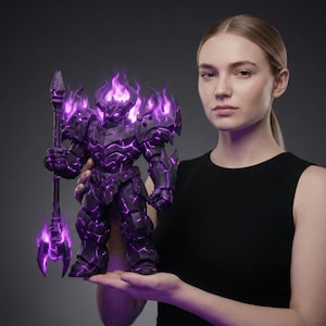 May include: A detailed, dark purple figurine of a warrior in armour, holding a staff. The armour has glowing purple accents and flames. The figurine is held in front of a neutral background.