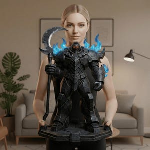 May include: A detailed black statue of a warrior figure with blue flame accents. The warrior holds a scythe-like weapon. The statue is on a rectangular base. The figure is wearing armor. The statue is approximately 46 cm tall.