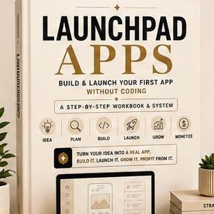 May include: A book titled "LAUNCHPAD APPS" with the subtitle "Build & Launch Your First App Without Coding." A laptop displays an app interface. A coffee mug, a succulent, and a notebook with a pen are also present.