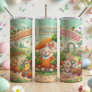 May include: Three pastel-colored insulated tumblers with stainless steel straws. Each tumbler features a whimsical illustration of bunnies, chicks, and carrots in a garden setting. Text on the tumblers reads "Carrot Patch Cuties".