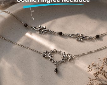 Gothic Filigree Necklace Victorian Scrollwork Dark Academia Choker Bead Charm Alternative Jewelry Gift for Her Women