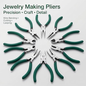 May include: A collection of jewelry-making pliers with green handles and silver metal heads. The image includes text that reads "Jewelry Making Pliers Precision • Craft • Detail" and "Wire Bending • Cutting • Looping."