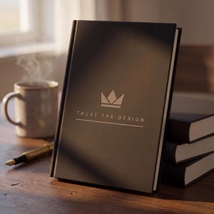 以下が含まれることがあります： 表紙に金色の王冠のアイコンと「TRUST THE DESIGN」の文字がエンボス加工された黒いハードカバーのノート。ノートは、他の3冊の黒い本、金色の万年筆、陶器製のマグカップの横に立てかけられています。
