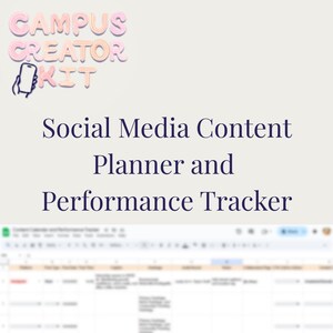Könnte beinhalten: Ein digitaler Download-Grafik mit dem Text "Campus Creator Kit" in rosa und orangefarbenen Buchstaben, mit einem Smartphone-Symbol. Darunter steht "Social Media Content Planner and Performance Tracker" und "Digital Download."