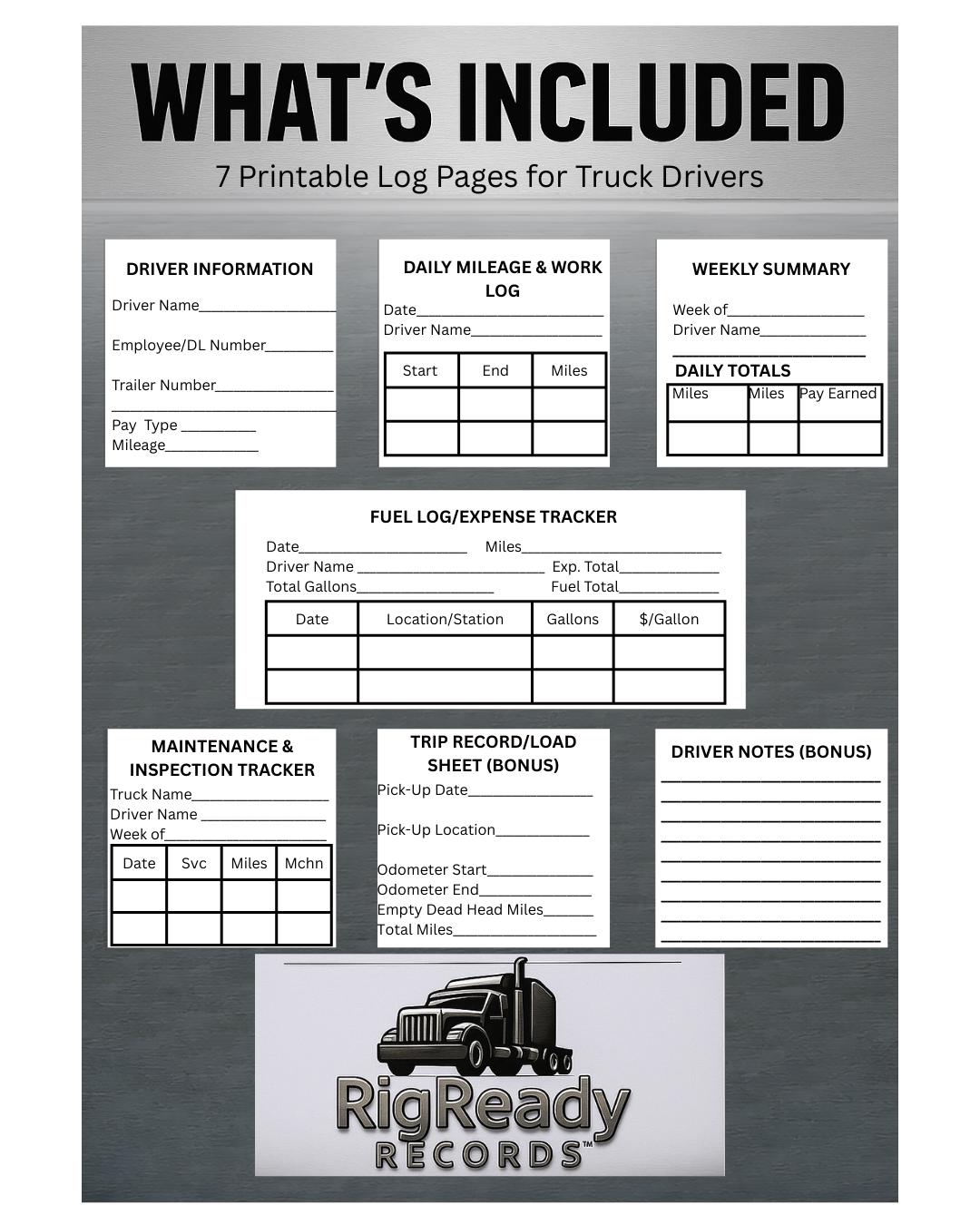 Truck Driver Log Book Printable | Mileage, Pay, Fuel & Maintenance Logs ...
