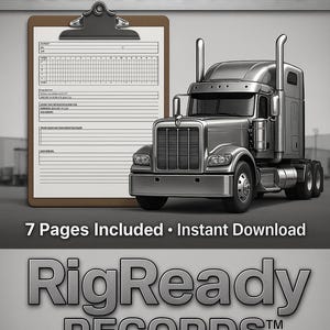 Op de afbeelding: Een digitale afbeelding met een vrachtwagenchauffeur logboekbundel. De afbeelding toont een semi-truck en een klembord met een logboekindeling. Tekst omvat "Truck Driver Logbook Bundle" en "RigReady RECORDS", plus "7 Pages Included • Instant Download".