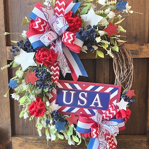 Patriotic Wreath/Red White and Blue Wreath/USA Wreath/4th of July Wreath/Patriotic Wreath for Front Door/Summer Door Wreath/Geranium Wreath