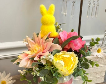 Easter Arrangement/Flocked Bunny Arrangement/Easter Bunny Decor/Small Easter Centerpiece/Yellow and Pink Easter Decor/Easter Flower Decor