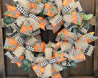 Fall Wreath for Front Door/Pumpkin Wreath/Eucalyptus Wreath/Fall Buffalo Plaid Wreath/Fall Bows/Fall Farmhouse Wreath/Pumpkin Decor