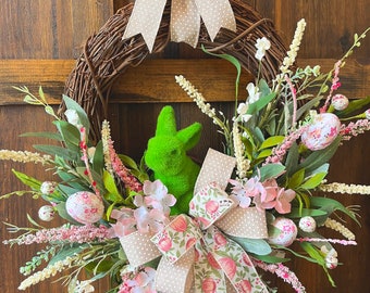 Easter Bunny Wreath/Flocked Bunny Wreath/Easter Decor/Easter Front Porch Decor/Green Flocked Bunny/Pink Easter Wreath