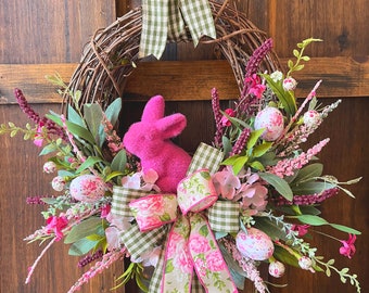 Easter Bunny Wreath/Pink Flocked Bunny/Spring Wreath/Flocked Bunny Wreath/Easter Front Porch Decor/Pink Easter Wreath/Pink Spring Decor