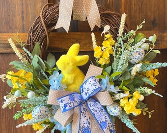 Flocked Easter Bunny Wreath/Yellow Flocked Bunny/Easter Wreath/Spring Wreath/Bunny Wreath for Front Door/Spring Front Porch/Easter Decor