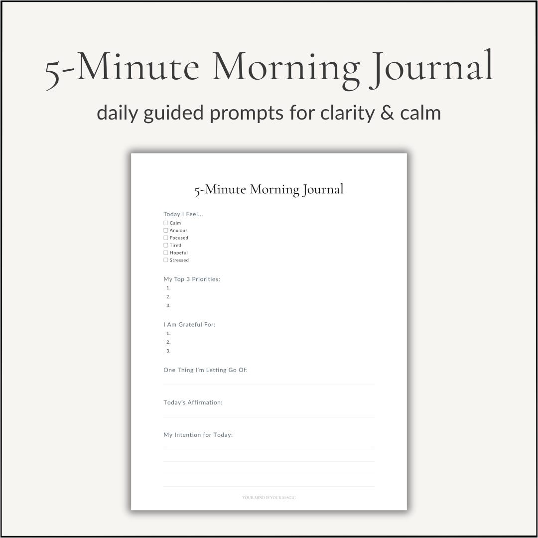 5 Minute Morning Journal Printable | Minimal Mindfulness Worksheet ...
