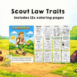 May include: A colorful illustration of Scout Law Traits, including 12 coloring pages. The image features a cheerful scout walking on a path, surrounded by illustrations of various traits like brave, helpful, and kind. Text includes "Scout Law Traits" and "Includes 12x coloring pages."