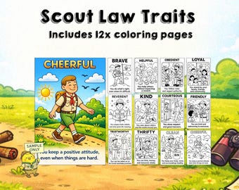 May include: A colorful illustration of Scout Law Traits, including 12 coloring pages. The image features a cheerful scout walking on a path, surrounded by illustrations of various traits like brave, helpful, and kind. Text includes "Scout Law Traits" and "Includes 12x coloring pages."