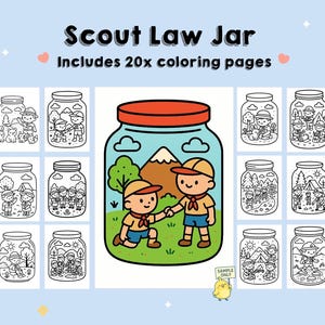 May include: A digital illustration of a "Scout Law Jar" with 20 coloring pages. The central jar features two cartoon scouts shaking hands in a grassy field with a mountain backdrop. Surrounding jars depict various scout-themed scenes.